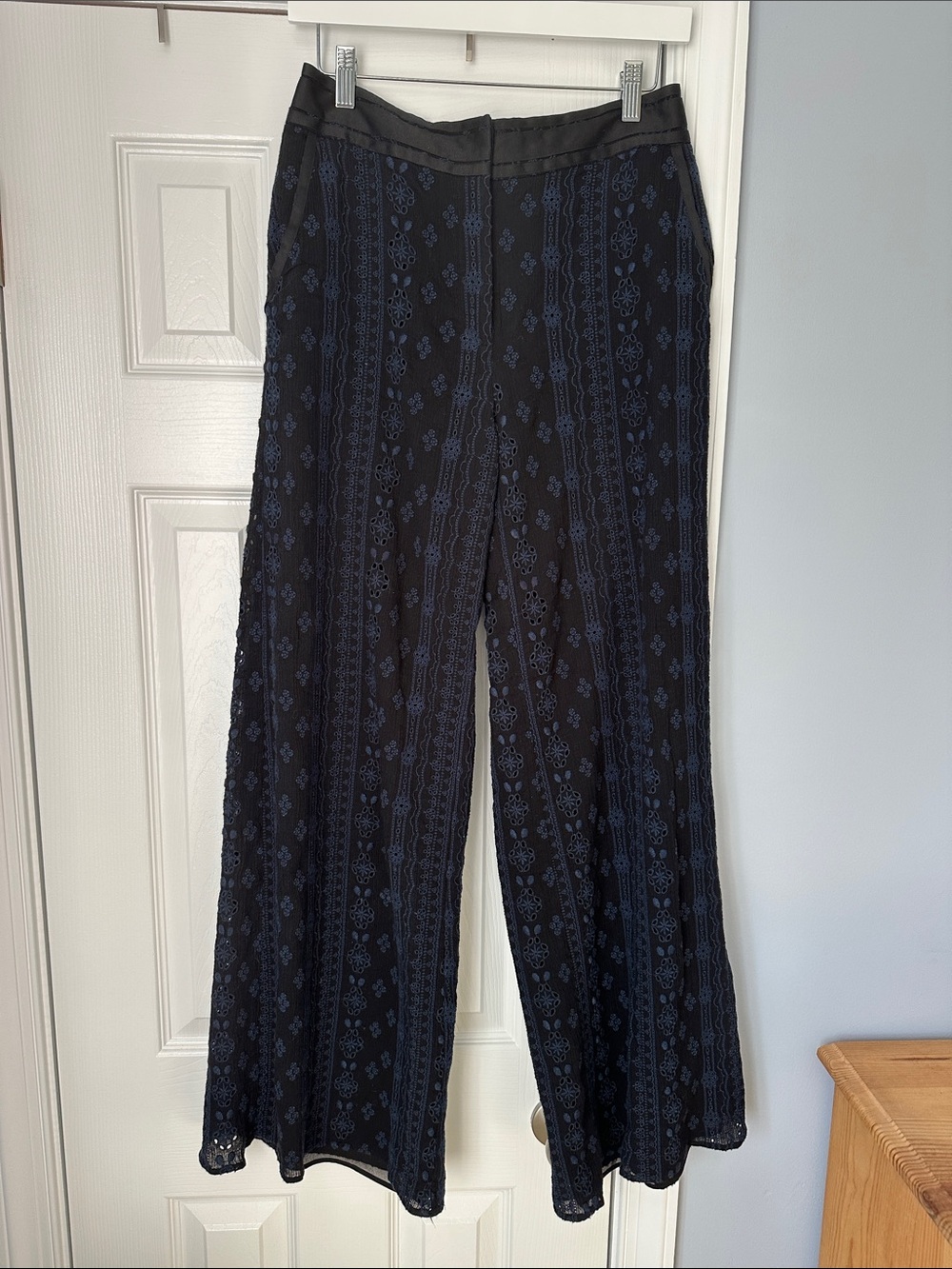 Anthropologie Black and Navy Wide-Leg Embroidered Pants